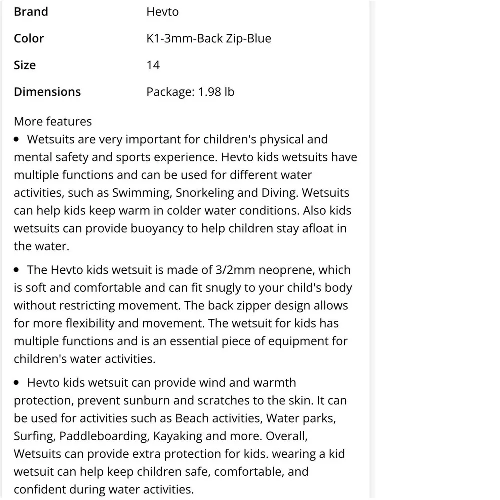 Hevto Wetsuit Kids 14 Black Blue New 3/2mm Neoprene Full Thermal Youth K01-Blue
